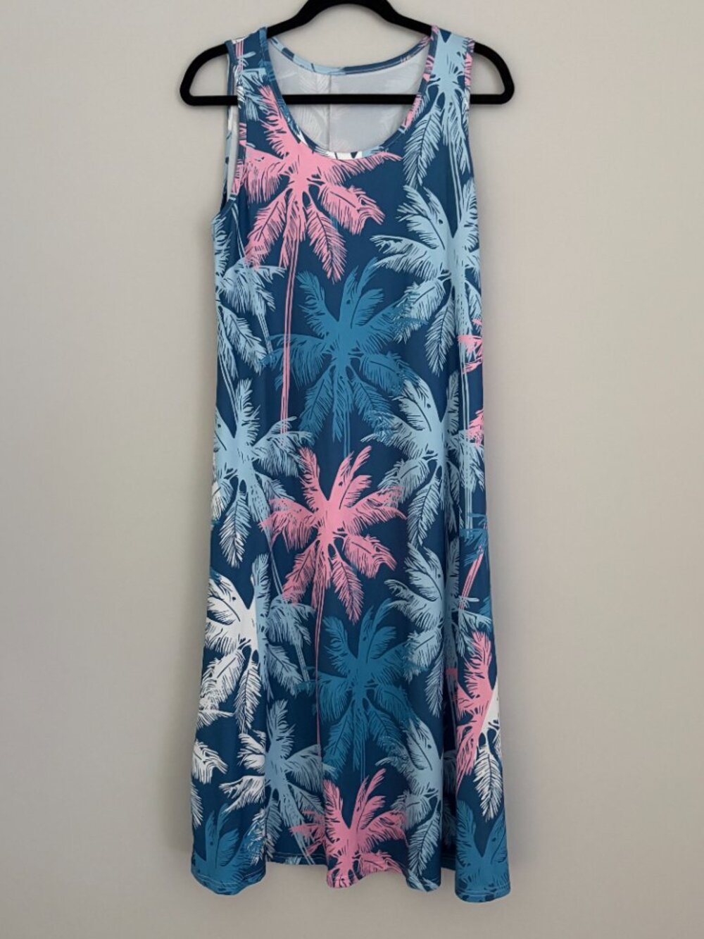 Tropical Palm Tree Maxi Dress Blue Pink Sleeveless A-Line Beach Resortwear L